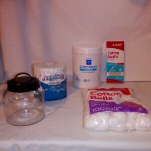 Bathroom Bundle (5): Swabs, Wipes, Tissue, Glass Jar & Cotton Balls.  New